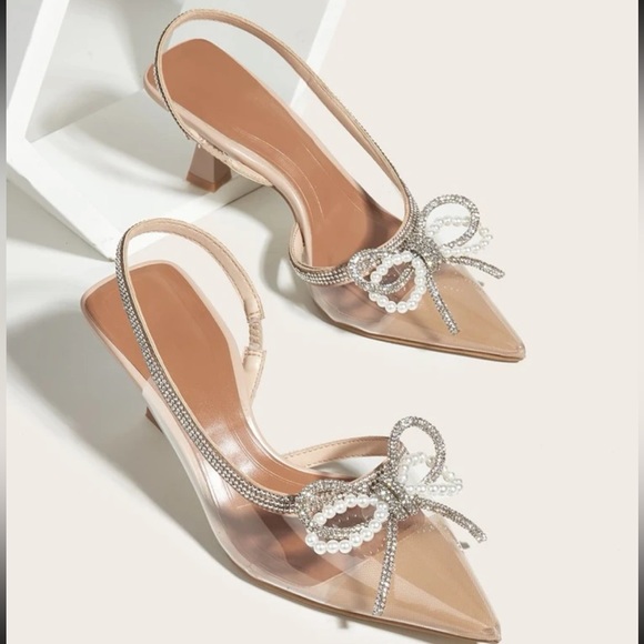 Shoes - Pearl & Rhinestone Bow Decor Clear Point Toe Heeled Pumps PVC Slingback Pumps
